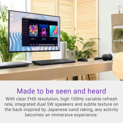 Communicates multiple technical benefits of the monitor including visual clarity, smooth refresh rate, integrated audio, and aesthetic design to position it as an immersive all-in-one solution.