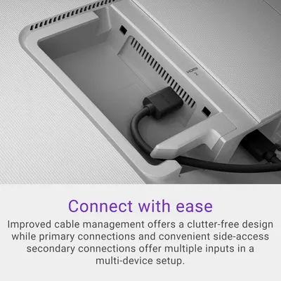 Highlights the product's improved cable management system and convenient side-access ports, reassuring shoppers that the design keeps cables organized and allows easy multi-device connectivity.