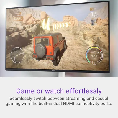 Communicates the monitors versatility with dual HDMI ports, allowing users to seamlessly switch between streaming and gaming without hassle.