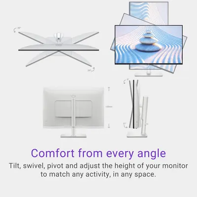 Demonstrates the monitor's full range of ergonomic adjustments (tilt, swivel, pivot, height) to reassure shoppers that they can customize viewing angles for comfort in any workspace. Communicates…