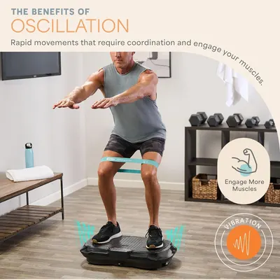 Communicates the key benefit of oscillation technology—rapid movements that engage and coordinate muscles during vibration platform workouts.