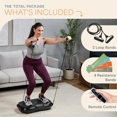 Shows shoppers everything included in the package to communicate the complete value of the bundle and reassure them they'll receive all necessary accessories to start using the vibration plate…