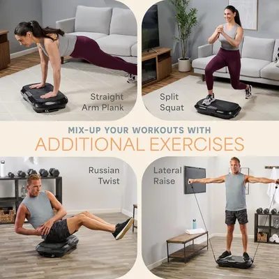 Demonstrates four different exercises that can be performed with the vibration platform to show shoppers the versatility and variety of workouts possible with the product. Shows multiple use cases…