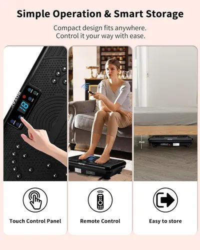 Communicates multiple convenience features of the vibration plate: easy touch controls, wireless remote operation, and space-saving compact design that fits anywhere.