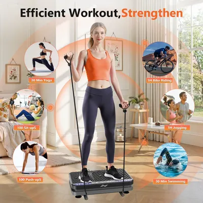 Demonstrates the product's versatility by showing six different workout applications (yoga, sit-ups, push-ups, bike riding, jogging, swimming) that can be achieved or supported by using this…