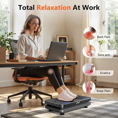 Demonstrates multiple pain relief benefits of the product (likely a vibration platform or foot massager) by showing how it addresses back pain, sore arm, sciatica, and knee pain while working at a…