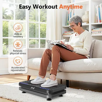 Communicates multiple health and wellness benefits of using the vibration plate, emphasizing recovery, stress relief, and rejuvenation to appeal to shoppers seeking convenient at-home fitness…