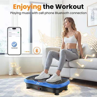 Demonstrates the product's use in a workout/fitness environment with Bluetooth music connectivity, showing shoppers how the vibration plate integrates into their exercise routine. Highlights the…