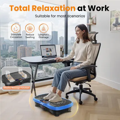 Communicates multiple health benefits of the foot massager (circulation, swelling reduction, lymphatic drainage) while showing its use in a work-from-home office environment. Demonstrates the…