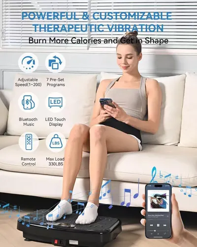 Communicates multiple distinct features and benefits of the vibration platform in a visually segmented layout with icons and labels, showing shoppers the product's versatility and technical…