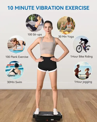 Demonstrates that 10 minutes on this vibration exercise platform is equivalent to various longer traditional workouts, emphasizing time-saving efficiency and workout effectiveness.