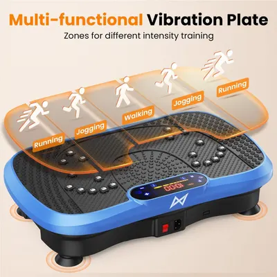 Explains the different zones on the vibration plate designed for varying workout intensities (running, jogging, walking), helping shoppers understand how to use different areas of the product for…