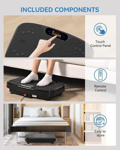 Shows shoppers everything included with the vibration plate purchase—touch control panel, remote control, and emphasizes compact storage—to communicate completeness and convenience. Highlights three…