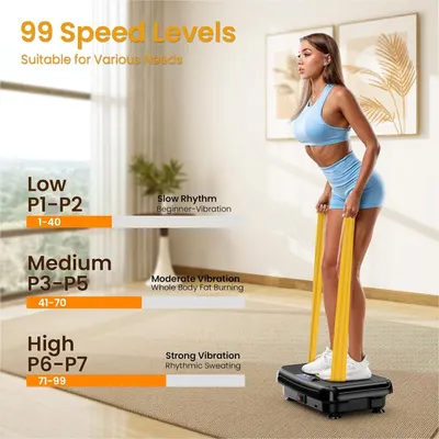 Communicates the product's extensive customization capability with 99 speed levels, reassuring shoppers that the vibration platform can be tailored to various fitness needs and experience levels…