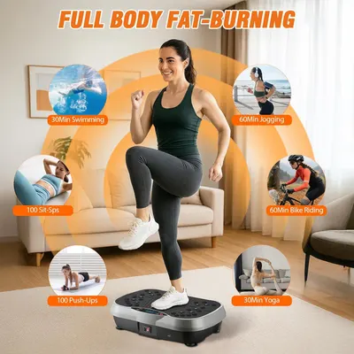 Demonstrates the versatility of the vibration platform by showing it can replace or match multiple different workout activities (swimming, jogging, sit-ups, push-ups, bike riding, yoga), reassuring…