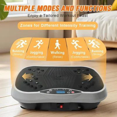 Communicates that the vibration plate offers multiple workout intensity levels (Running, Jogging, Walking) to provide a tailored, versatile fitness experience for different user needs.