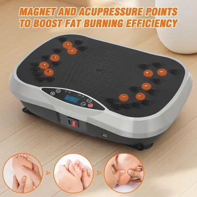 Highlights the specific physical features of the vibration plate—the magnet and acupressure points embedded in the surface—to communicate how the product is designed to boost fat burning efficiency.…