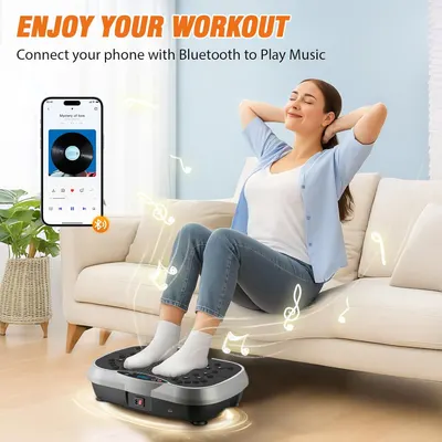 Communicates that the product (foot massager/vibration plate) has Bluetooth connectivity to play music during workouts, enhancing the user experience and making exercise more enjoyable.