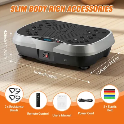 Communicates the exact physical dimensions of the vibration plate to help shoppers understand its size and footprint before purchase. Shows all accessories and items included with the purchase…