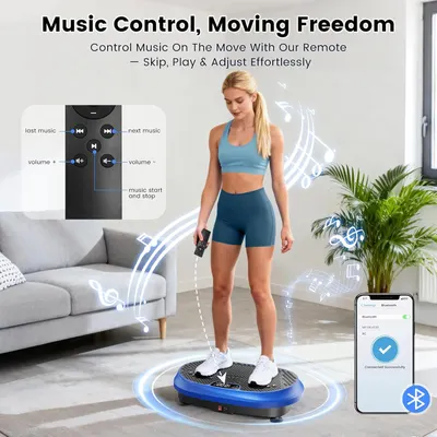 Communicates the convenience of controlling music wirelessly via remote while exercising on the vibration plate, emphasizing hands-free operation and seamless Bluetooth connectivity.