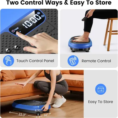 Communicates multiple key benefits of the vibration plate including two control methods (touch panel and remote) and its space-saving compact design with specific dimensions.