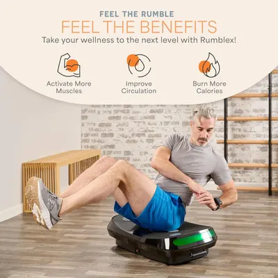 Communicates three distinct wellness benefits of using the Rumblex vibration platform to persuade shoppers of its comprehensive fitness value.