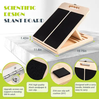 Communicates multiple distinct benefits of the slant board through a segmented layout with callout circles and text blocks, highlighting durability, materials, portability, and design features to…