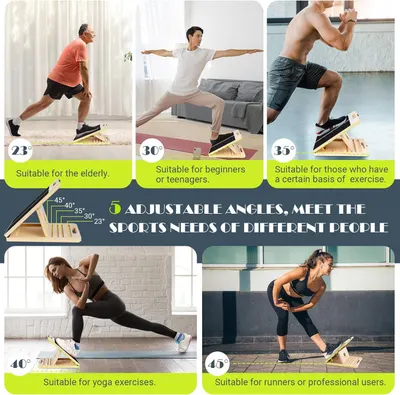 Demonstrates the product's versatility by showing it can be used by different user groups (elderly, beginners, intermediate, yoga practitioners, and professional users) at various angle settings to…
