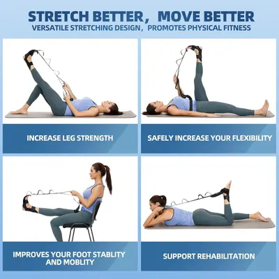 Demonstrates multiple use cases and applications of the stretching strap, showing how it can be used for different fitness goals including strength training, flexibility improvement, mobility work,…
