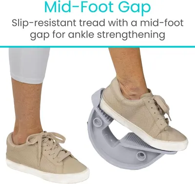 Highlights the product's unique mid-foot gap design feature that enables ankle strengthening exercises, showing how the physical structure of the product works. Communicates the primary benefit of…