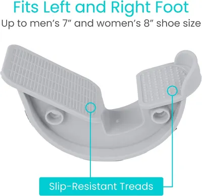 Highlights the product's slip-resistant tread feature and its compatibility with both left and right feet up to specific shoe sizes, reassuring shoppers of safety and versatility.