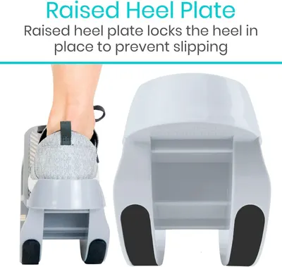 Highlights the raised heel plate feature that locks the heel in place to prevent slipping, reassuring shoppers about the product's safety and stability. Communicates the key benefit of preventing…