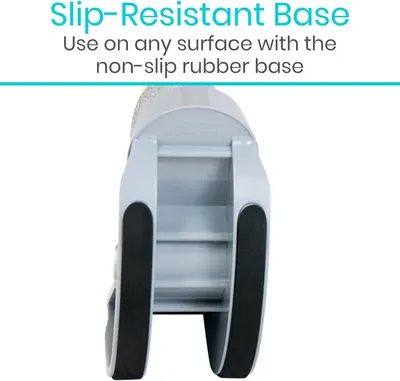 Highlights the product's slip-resistant rubber base feature to reassure shoppers that it can be safely used on any surface without sliding. Communicates the key benefit of stability and safety…