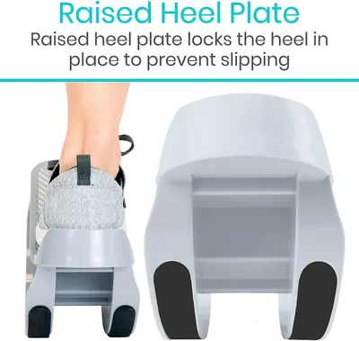 Highlights the raised heel plate feature that locks the heel in place to prevent slipping, demonstrating a key safety and stability component of the product. Communicates the primary benefit of…