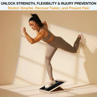 Communicates multiple distinct benefits of the product (strength, flexibility, injury prevention, and faster recovery) to show shoppers its comprehensive value for fitness and wellness.