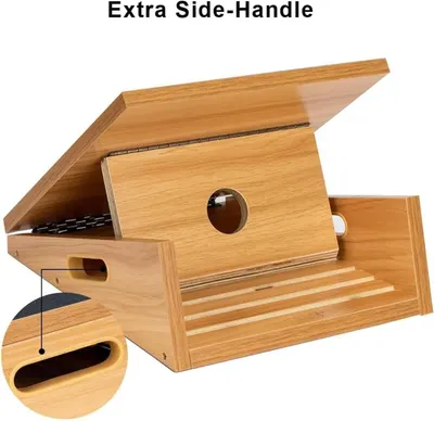 Highlights the extra side-handle feature of this wooden laptop stand to show shoppers the convenient carrying and portability design element. Communicates the portability benefit enabled by the…