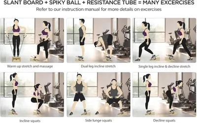 This image demonstrates multiple exercise variations using the slant board equipment to show shoppers the versatility and range of workouts possible with the product. Showcases the various ways the…