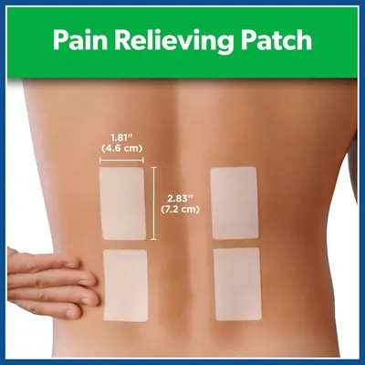 Communicates the exact physical dimensions of the pain-relieving patches to help shoppers understand the size and coverage area of each patch.