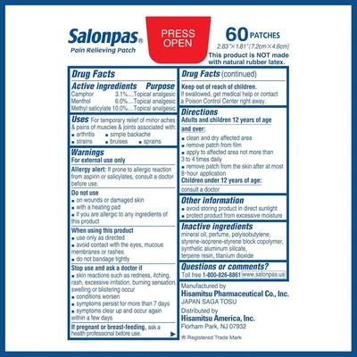 This image shows the product packaging and comprehensive drug facts label to inform shoppers about the brand, ingredients, usage instructions, and safety information for Salonpas Pain Relieving…
