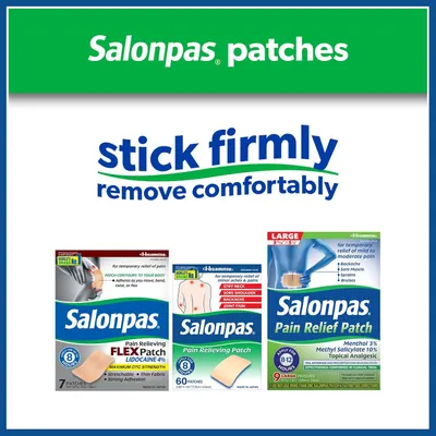 Communicates the dual benefit that the patches stick firmly during use but can be removed comfortably without pain or discomfort, reassuring shoppers about ease of use. Displays the Salonpas product…