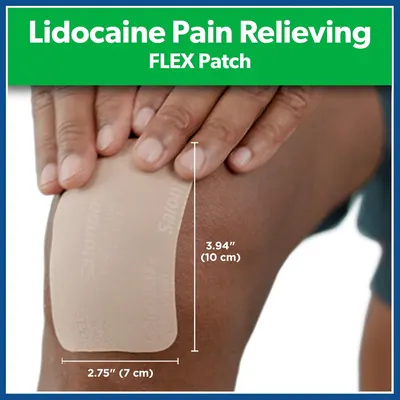 Communicates the exact physical dimensions of the pain relief patch to help shoppers understand the size and coverage area before purchase.
