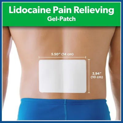 Communicates the exact physical dimensions of the pain relief gel-patch (5.50 x 3.94 inches) to help shoppers understand the coverage area and whether it will fit their needs. Demonstrates the…