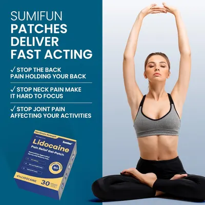 Communicates multiple distinct pain relief benefits of the lidocaine patches, showing how the product addresses back pain, neck pain, and joint pain to help shoppers resume activities.