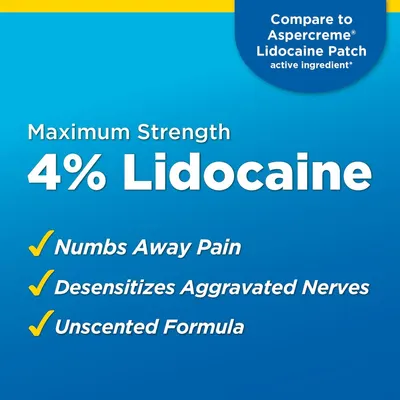 Communicates that this product matches the active ingredient strength of the name-brand Aspercreme Lidocaine Patch, positioning it as a comparable alternative. Highlights three distinct product…