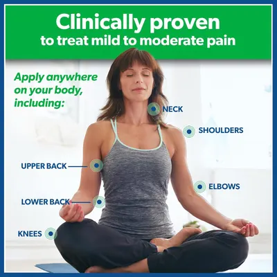 Demonstrates the versatility of the pain relief product by showing multiple body areas where it can be applied, reassuring shoppers that it works for various pain points. Communicates the primary…