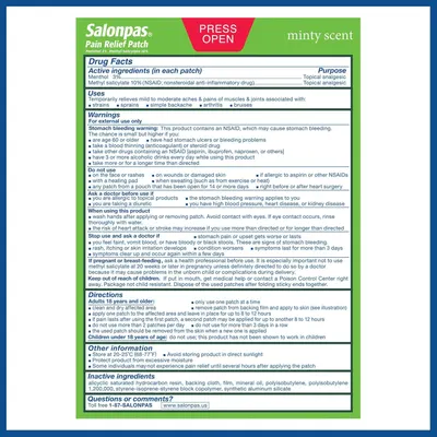 Displays the complete drug facts, warnings, directions, and ingredients information from the back of the pain relief patch packaging for regulatory compliance and consumer information.