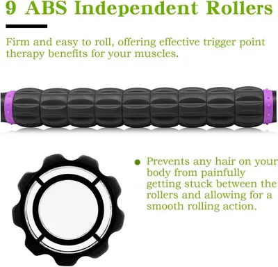Communicates multiple distinct benefits of the foam roller: the 9 independent rollers for effective muscle therapy, and the hair-safe design that prevents hair from getting caught during use.
