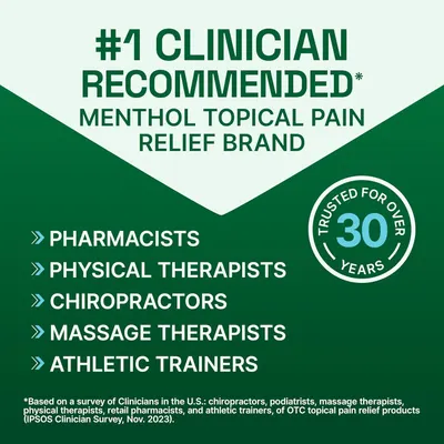 Communicates professional endorsement and trust by highlighting that the product is the #1 clinician-recommended menthol topical pain relief brand, building credibility and reassurance for shoppers.