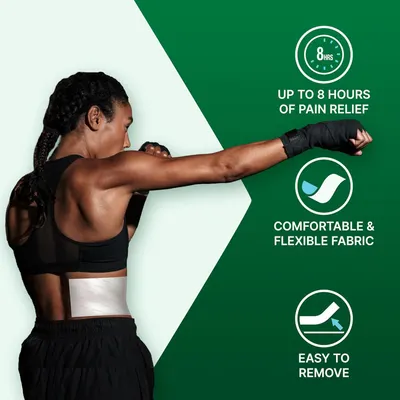 Communicates three distinct product benefits in a segmented vertical layout to show shoppers the pain relief duration, comfort features, and ease of use of the wrap/brace product.