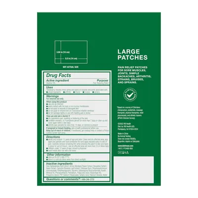 Communicates the physical size of the pain relief patches with exact measurements to help shoppers understand the coverage area and whether it fits their needs. Highlights multiple selling benefits…